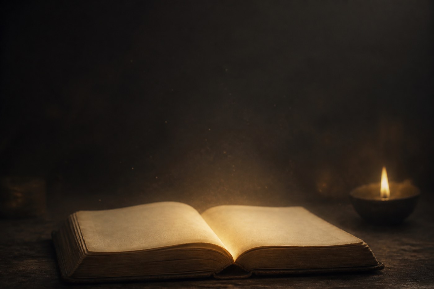 Libro abierto iluminado por una vela, imagen de los Registros Akáshicos