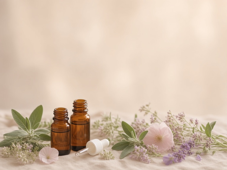 Frascos de esencias florales rodeados de flores y hojas