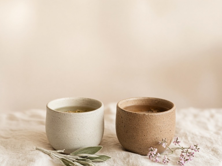 Dos tazas de infusión sobre un mantel de lino, junto a unas ramitas de salvia